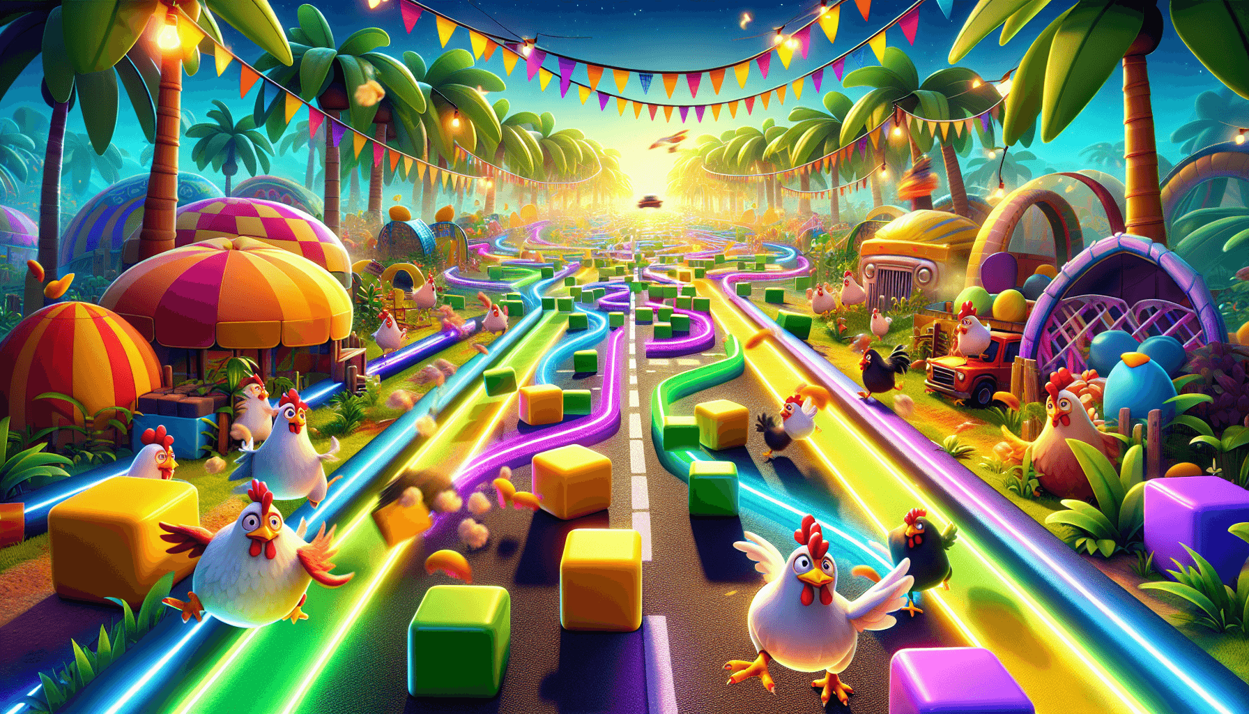 Chickens navigating challenges on a colorful road